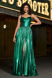 Sparkly A-line Dark Green Corset Ball Dress with Slit