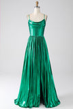 A Line Dark Green Spaghetti Straps Corset Long Ball Dress with Slit