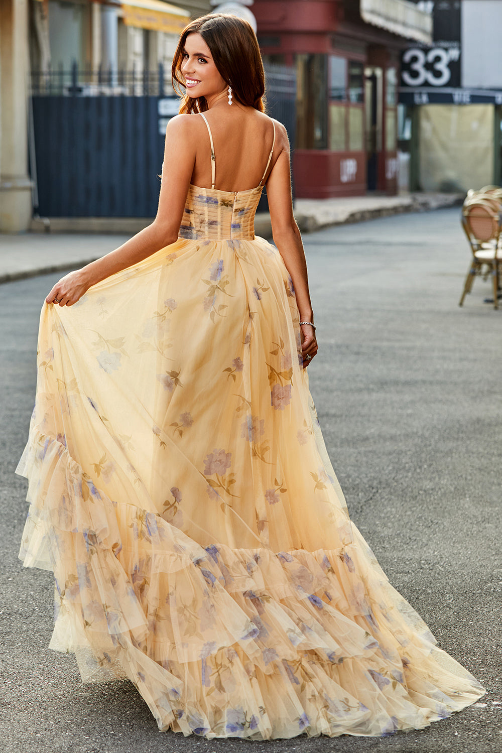 Yellow A-Line Halter Pleated Tulle Tiered Long Ball Dress With Embroidery