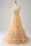 Yellow A-Line Halter Pleated Tulle Tiered Ball Dress With Embroidery
