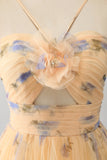 Yellow A-Line Halter Pleated Tulle Tiered Ball Dress With Embroidery