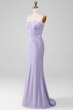 Lilac Sheath Strapless Corset Ball Dresses With Lace Appliques