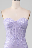 Lilac Sheath Strapless Corset Ball Dresses With Lace Appliques