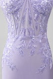 Lilac Sheath Strapless Corset Ball Dresses With Lace Appliques
