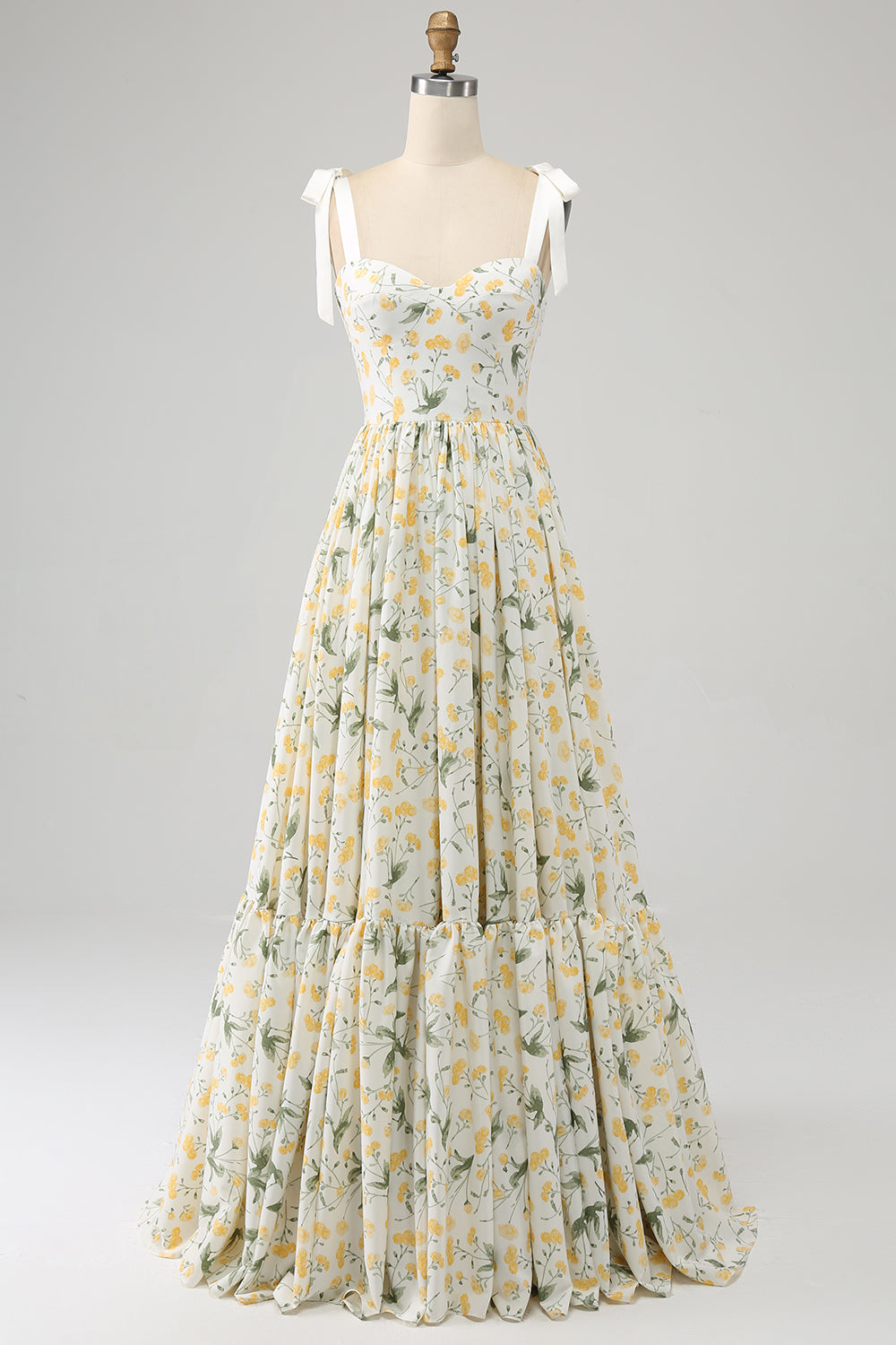 Ivory A-Line Spaghetti Straps Floral Long Ball Dress With Ruffles