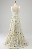 Ivory A-Line Spaghetti Straps Floral Long Ball Dress With Ruffles