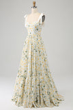 Ivory A-Line Spaghetti Straps Floral Long Ball Dress With Ruffles