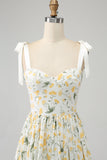 Ivory A-Line Spaghetti Straps Floral Long Ball Dress With Ruffles