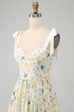 Ivory A-Line Spaghetti Straps Floral Long Ball Dress With Ruffles