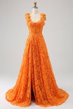 Orange A-Line Square Neck Floral Lace Long Ball Dress With Appliques