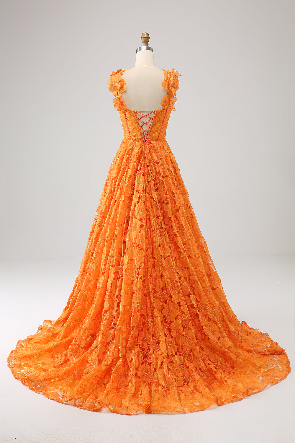 Orange A-Line Square Neck Floral Lace Long Ball Dress With Appliques