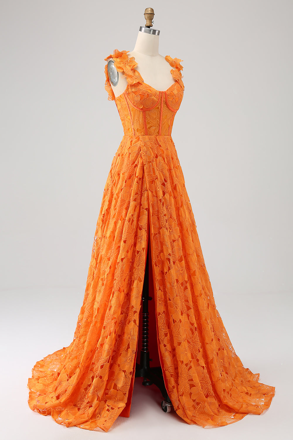 Orange A-Line Square Neck Floral Lace Long Ball Dress With Appliques