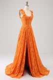Orange A-Line Square Neck Floral Lace Long Ball Dress With Appliques