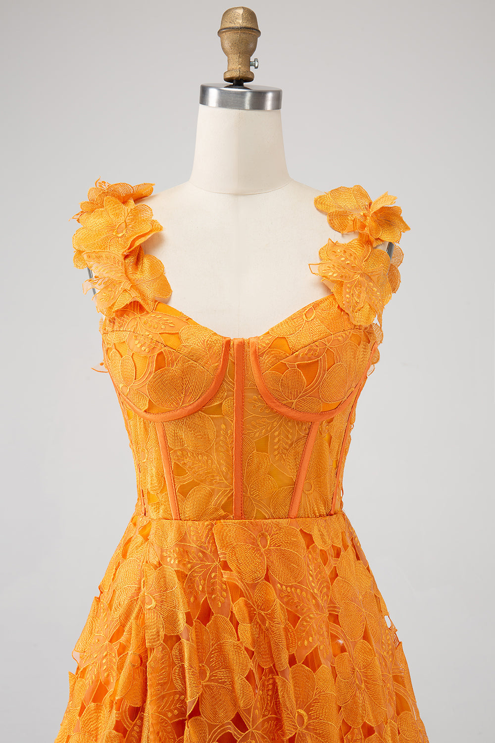 Orange A-Line Square Neck Floral Lace Long Ball Dress With Appliques
