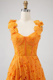Orange A-Line Square Neck Floral Lace Long Ball Dress With Appliques