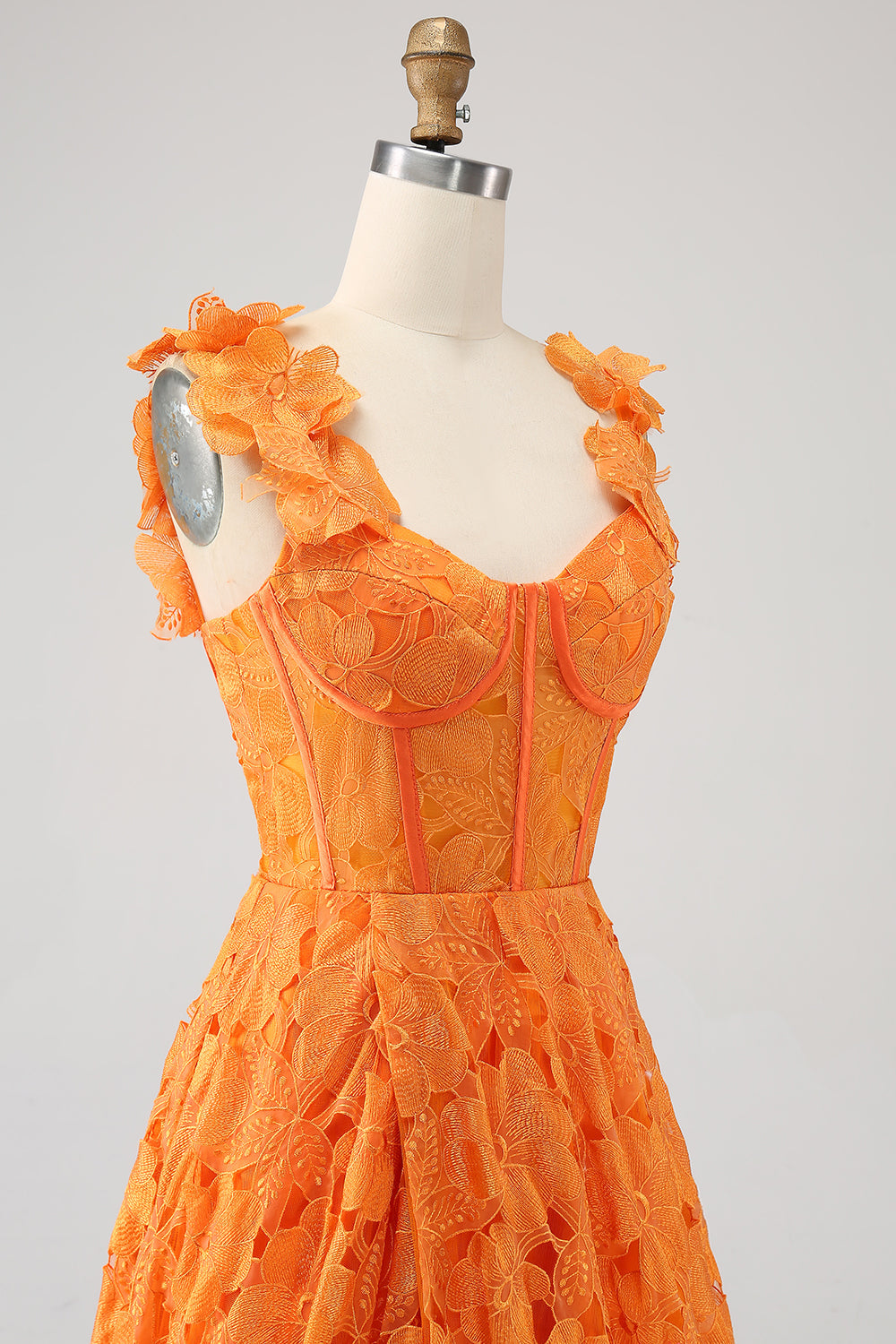Orange A-Line Square Neck Floral Lace Long Ball Dress With Appliques