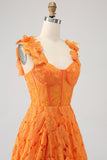 Orange A-Line Square Neck Floral Lace Long Ball Dress With Appliques