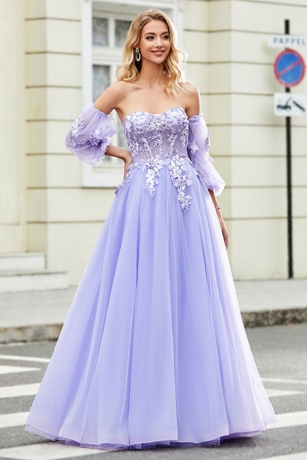 Gorgeous A Line Off the Shoulder Lavender Corset Ball Dress with Appliques