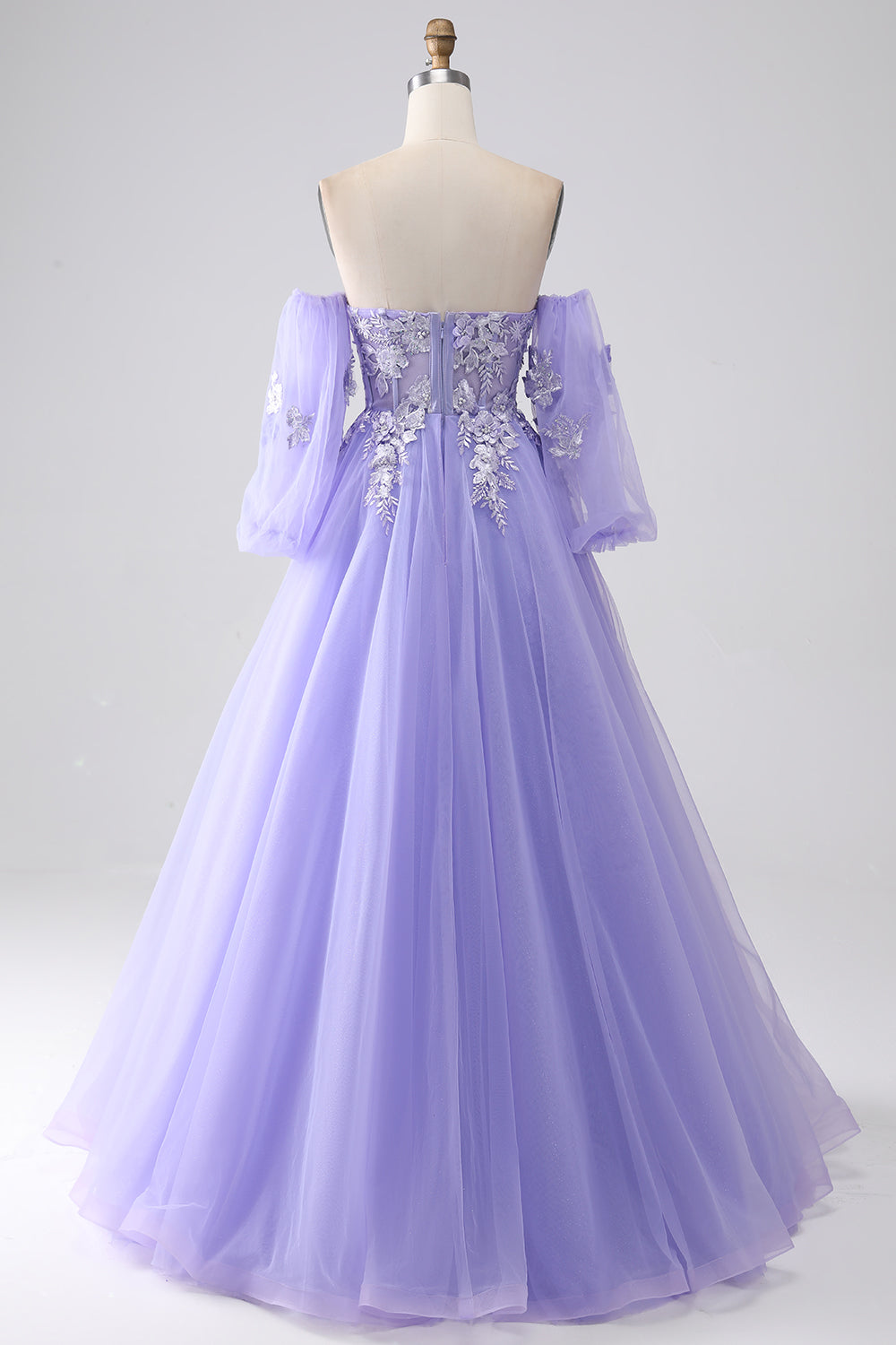 Lavender A-Line Strapless Tulle Long Ball Dress with Sleeves