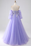 Lavender A-Line Strapless Tulle Long Ball Dress with Sleeves