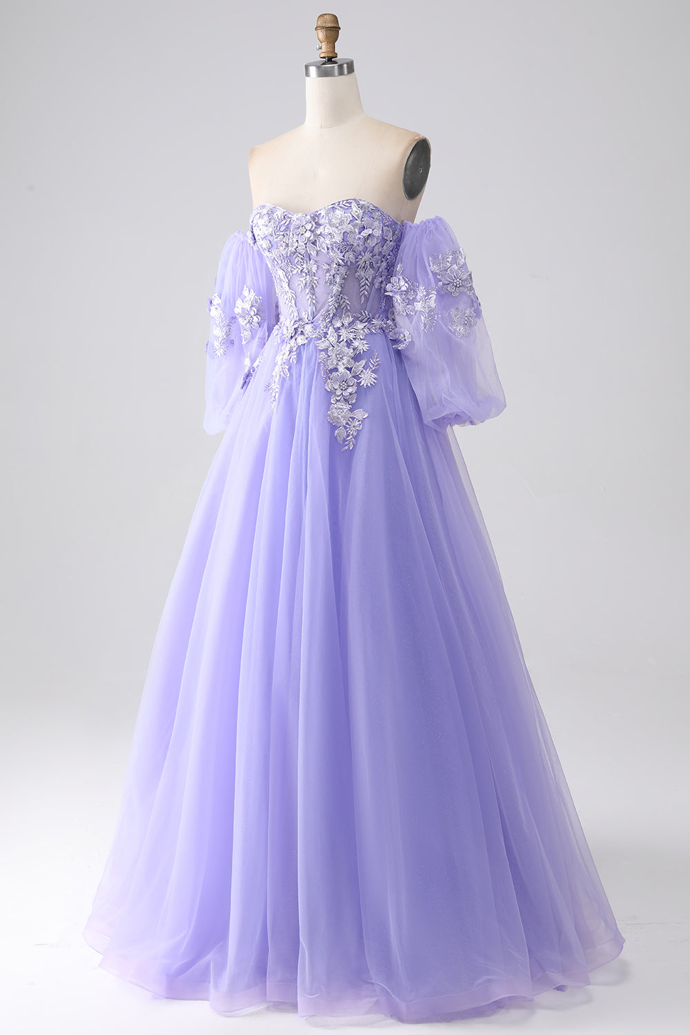 Lavender A-Line Strapless Tulle Long Ball Dress with Sleeves