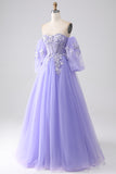 Lavender A-Line Strapless Tulle Long Ball Dress with Sleeves