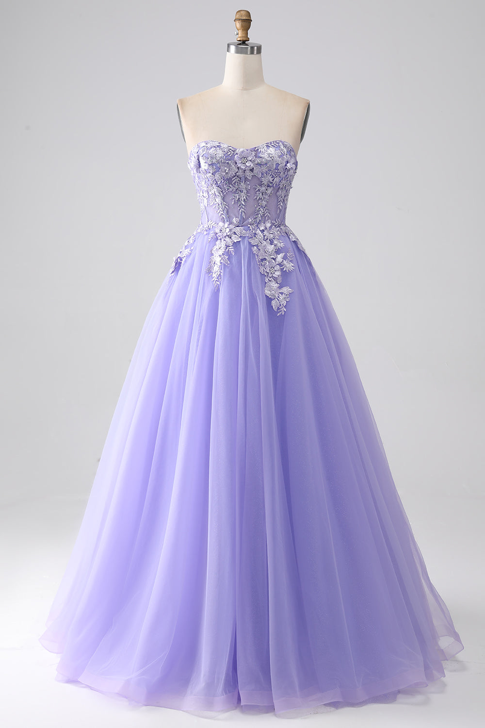 Lavender A-Line Strapless Tulle Long Ball Dress with Sleeves