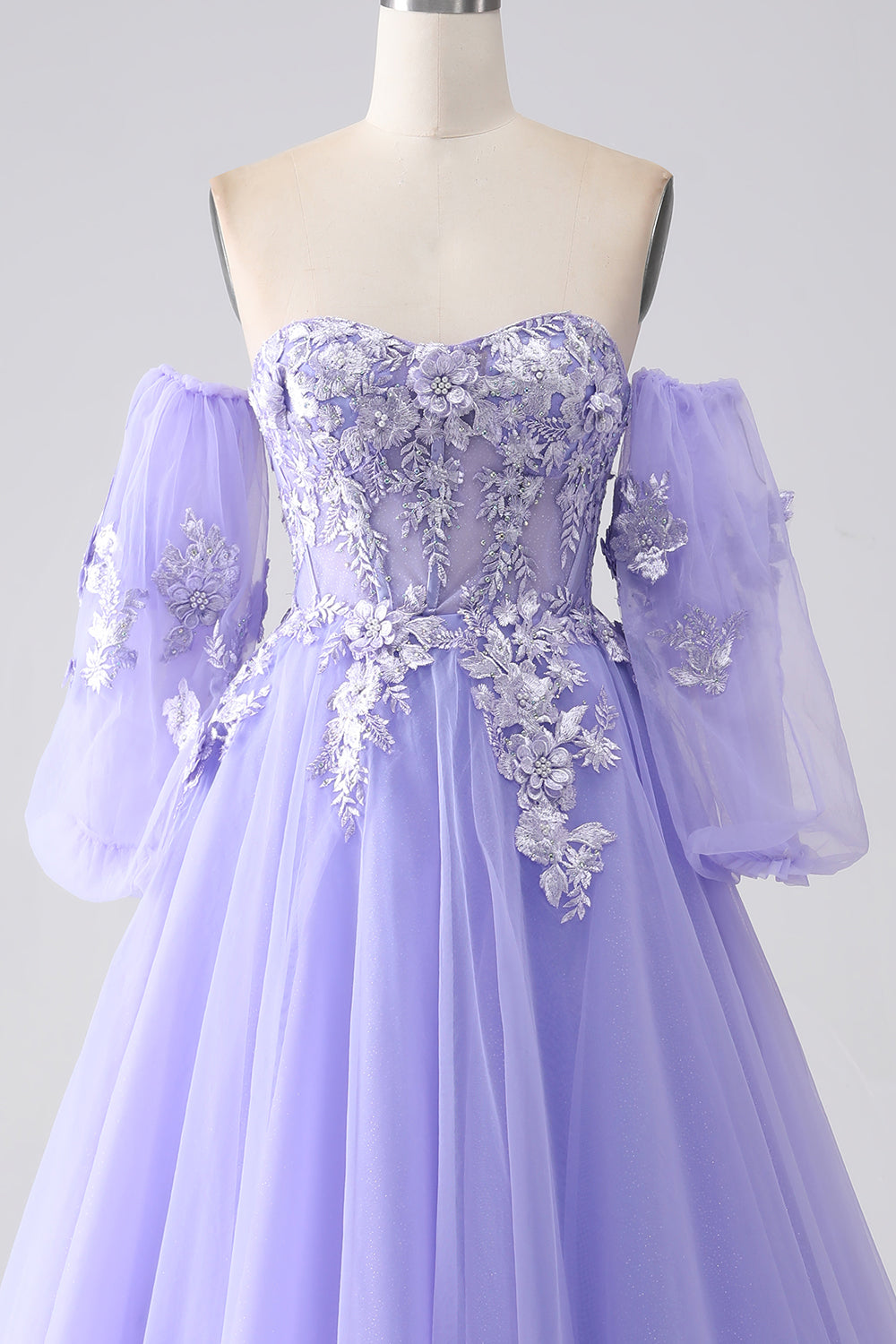 Lavender A-Line Strapless Tulle Long Ball Dress with Sleeves