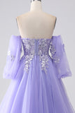 Lavender A-Line Strapless Tulle Long Ball Dress with Sleeves