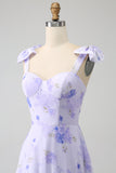 Lilac Corset Floral A-Line Spaghetti Straps Long Ball Dress