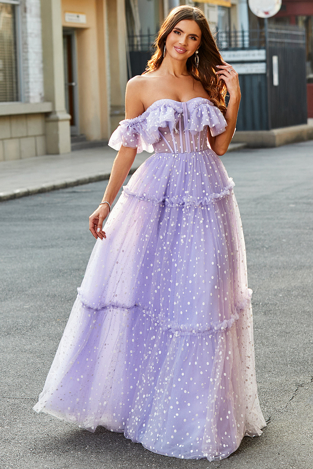 Off The Shoulder Lilac Corset A-Line Long Ball Dress