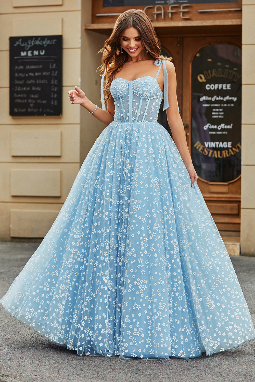 Spaghetti Straps Sky Blue A-Line Corset Ball Dress with Florals