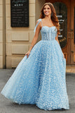 Spaghetti Straps Sky Blue A-Line Corset Ball Dress with Florals