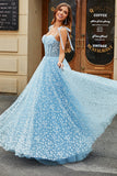 Spaghetti Straps Sky Blue A-Line Corset Ball Dress with Florals