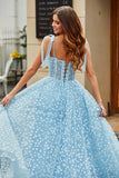Spaghetti Straps Sky Blue A-Line Corset Ball Dress with Florals