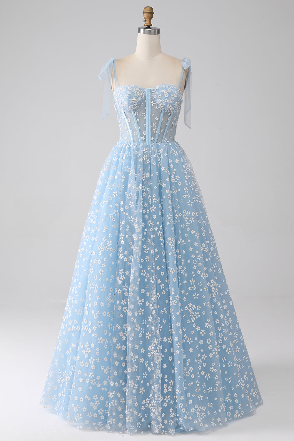 A-Line Spaghetti Straps Sky Blue Corset Ball Dress