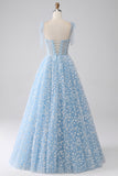 A-Line Spaghetti Straps Sky Blue Corset Ball Dress