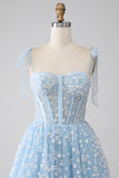 A-Line Spaghetti Straps Sky Blue Corset Ball Dress