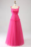 Fuchsia A-Line Spaghetti Straps Ruffled Long Tulle Ball Dress
