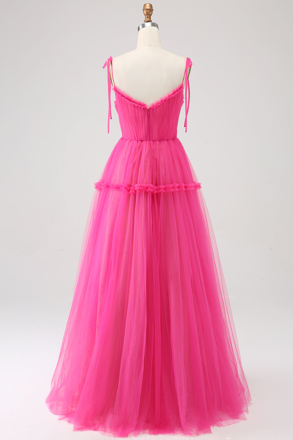 Fuchsia A-Line Spaghetti Straps Ruffled Long Tulle Ball Dress