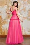 Princess A Line Spaghetti Straps Fuchsia Long Ball Dress with Ruffles