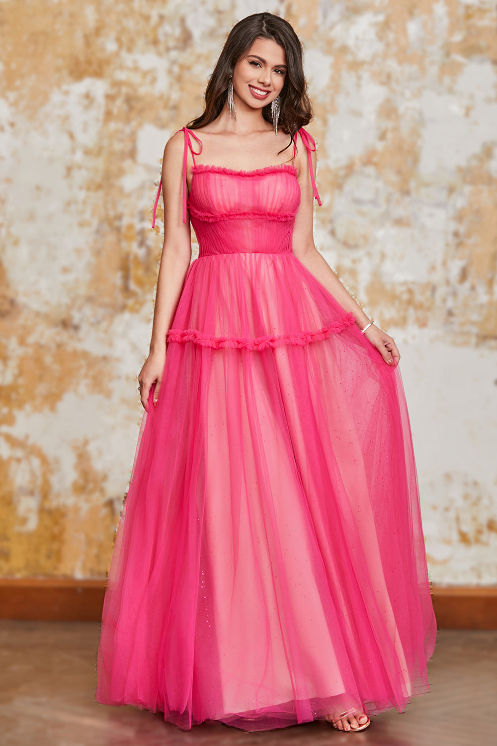 Princess A Line Spaghetti Straps Fuchsia Long Ball Dress with Ruffles