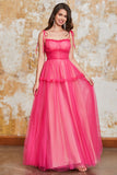 Princess A Line Spaghetti Straps Fuchsia Long Ball Dress with Ruffles