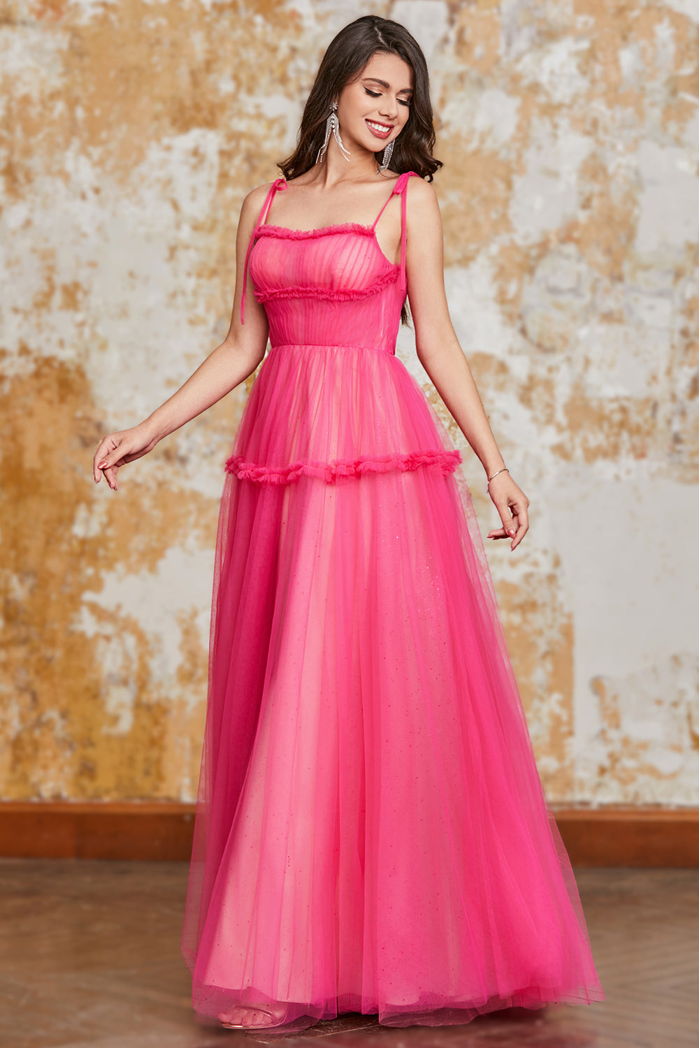 Princess A Line Spaghetti Straps Fuchsia Long Ball Dress with Ruffles