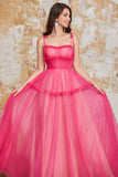 Princess A Line Spaghetti Straps Fuchsia Long Ball Dress with Ruffles
