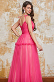Princess A Line Spaghetti Straps Fuchsia Long Ball Dress with Ruffles