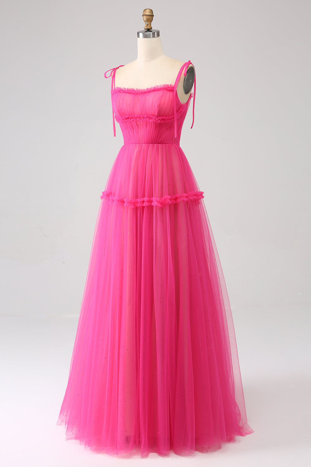Fuchsia A-Line Spaghetti Straps Ruffled Long Tulle Ball Dress