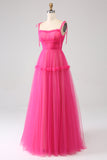 Fuchsia A-Line Spaghetti Straps Ruffled Long Tulle Ball Dress