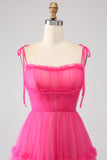 Fuchsia A-Line Spaghetti Straps Ruffled Long Tulle Ball Dress