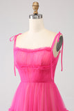 Fuchsia A-Line Spaghetti Straps Ruffled Long Tulle Ball Dress
